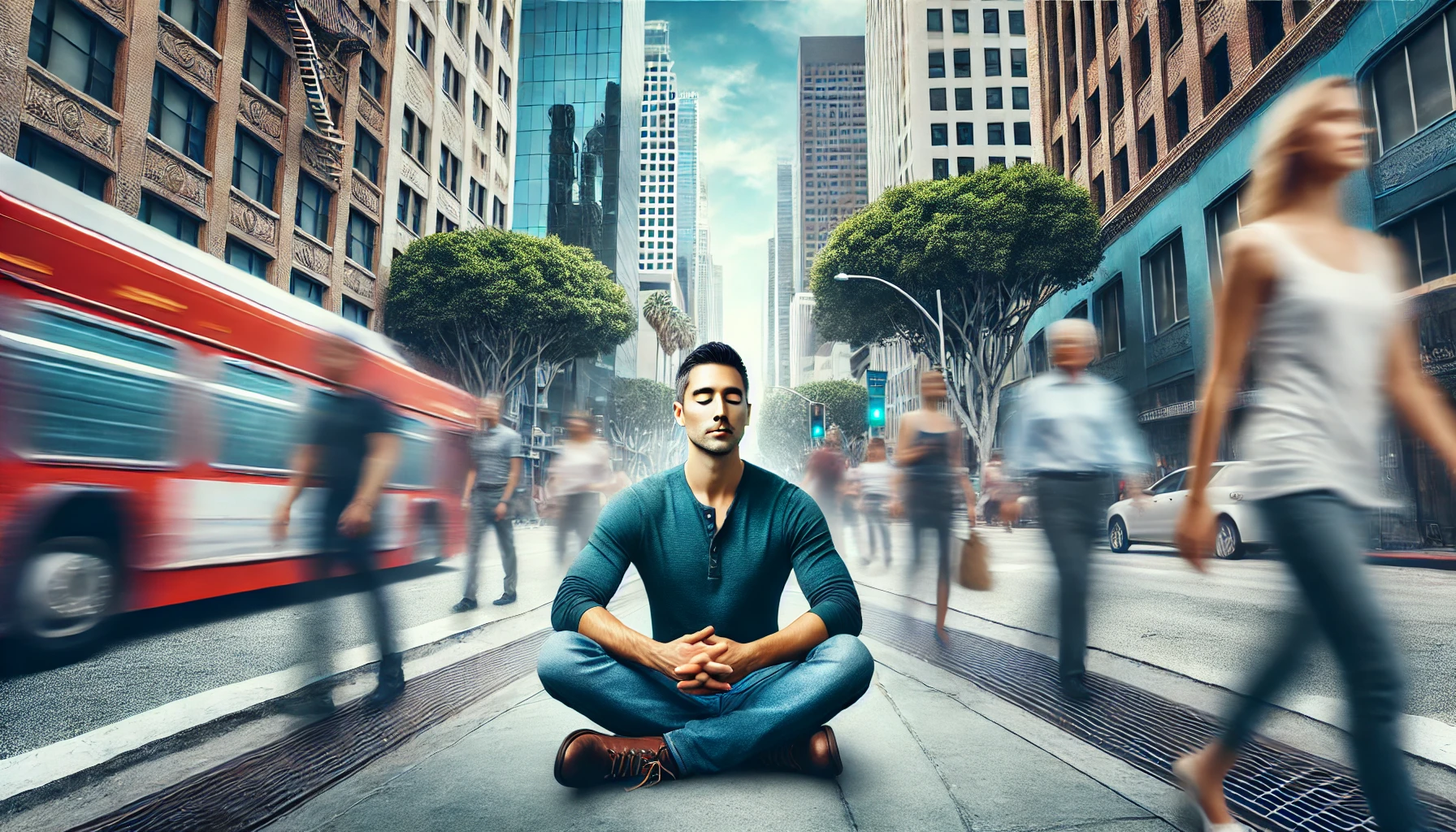 Components of stress depicted by calm person in busy Los Angeles