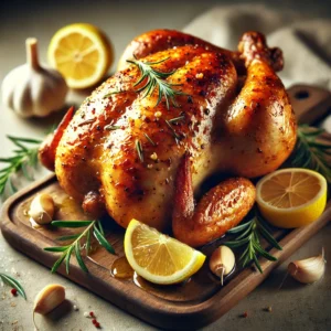 roasted lemon garlic rotisserie chicken with a golden, crispy skin