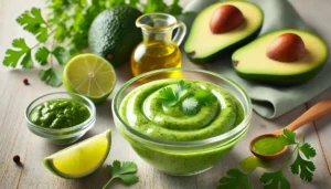 green avocado cilantro dressing in a small glass bowl