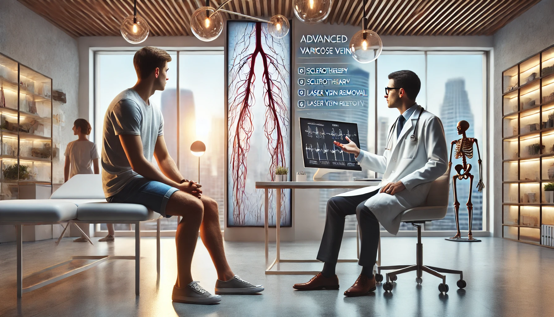 Doctor consulting a patient about varicose vein treatment options in a modern Los Angeles clinic.