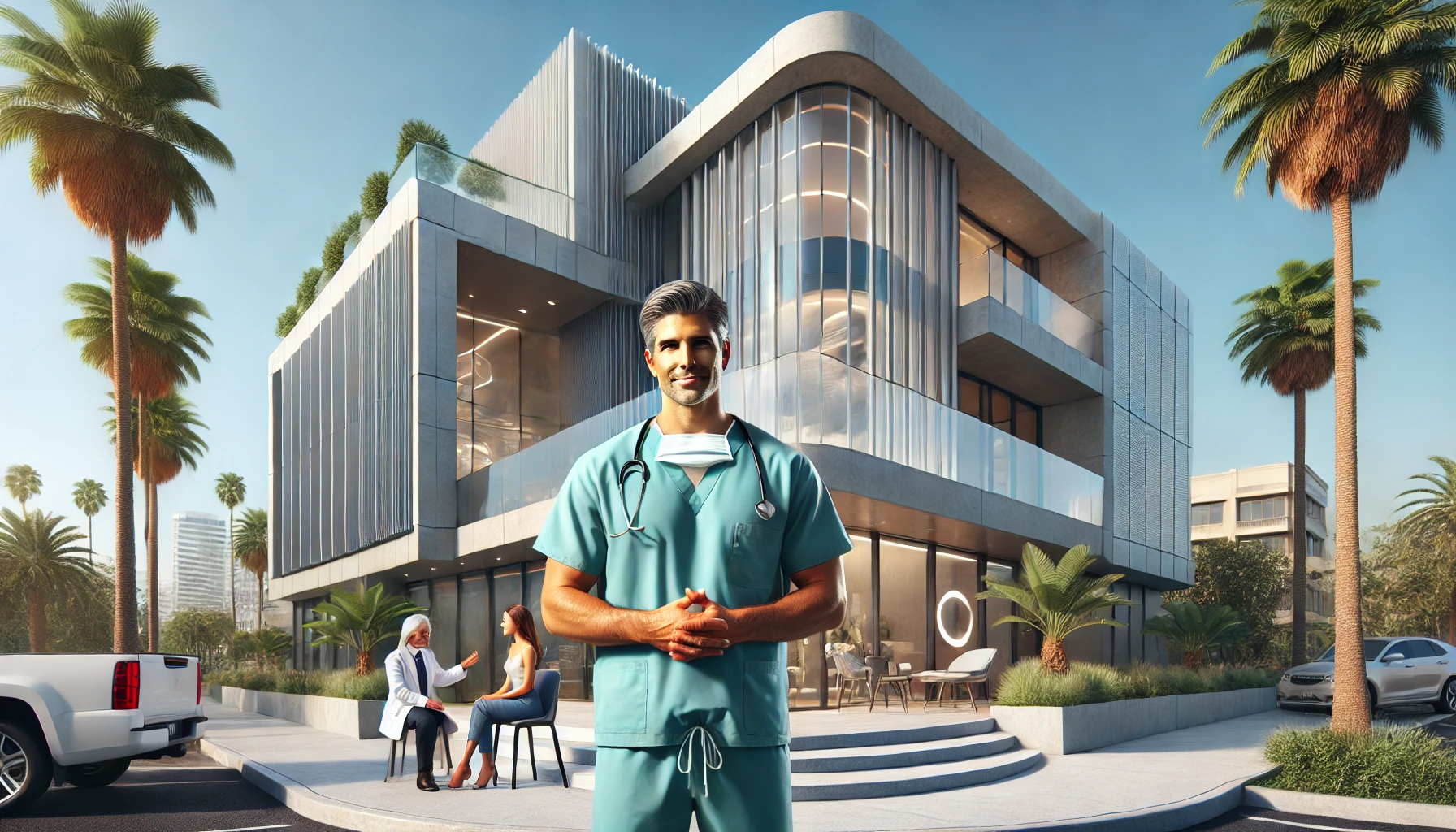 A modern, high-tech clinic with a welcoming exterior and clear signage for "West Medical" under a sunny Los Angeles sky, surrounded by palm trees. Diverse individuals are entering and exiting the clinic, reflecting an inclusive, patient-focused environment.