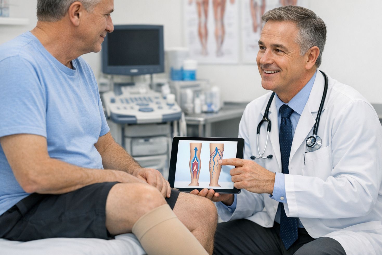 A photorealistic scene set in a modern, clean medical consultation room. A middle-aged patient sits comfortably on an