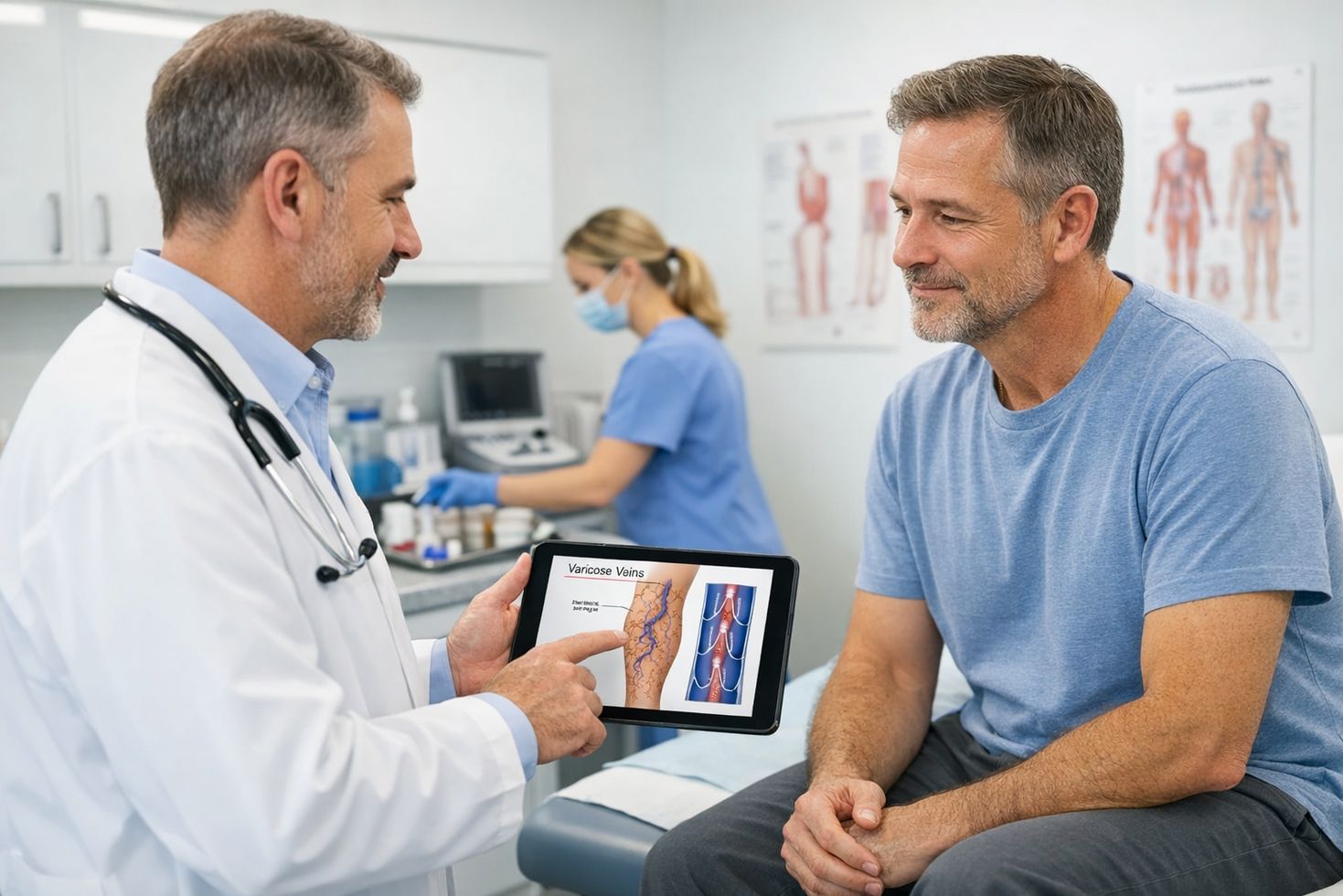 A photorealistic scene in a modern, brightly lit medical clinic. A doctor in a white coat is calmly consulting with an adult
