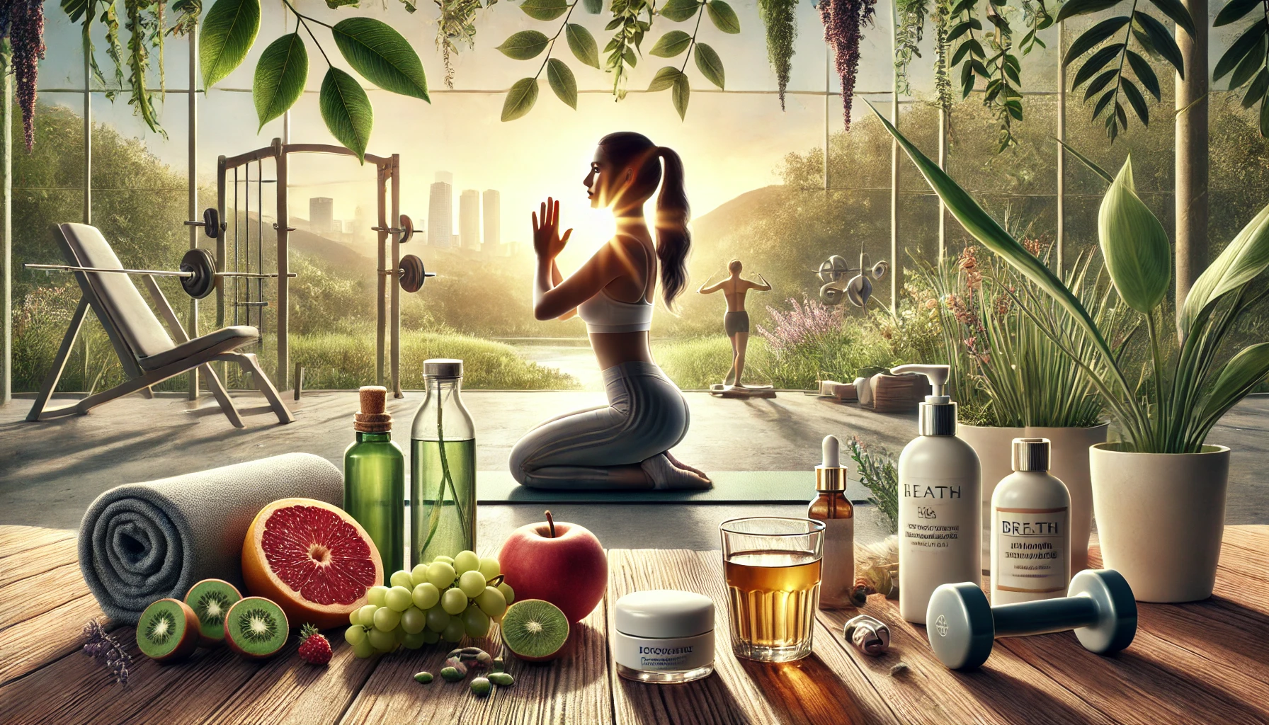 Young woman practicing yoga outdoors with green tea, fruits, and moisturizer nearby, symbolizing natural skin tightening method