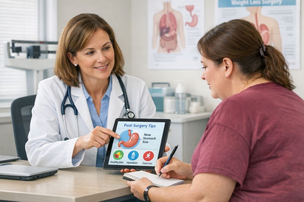 A photorealistic scene in a modern, bright medical consultation room. A compassionate doctor, wearing a white coat and