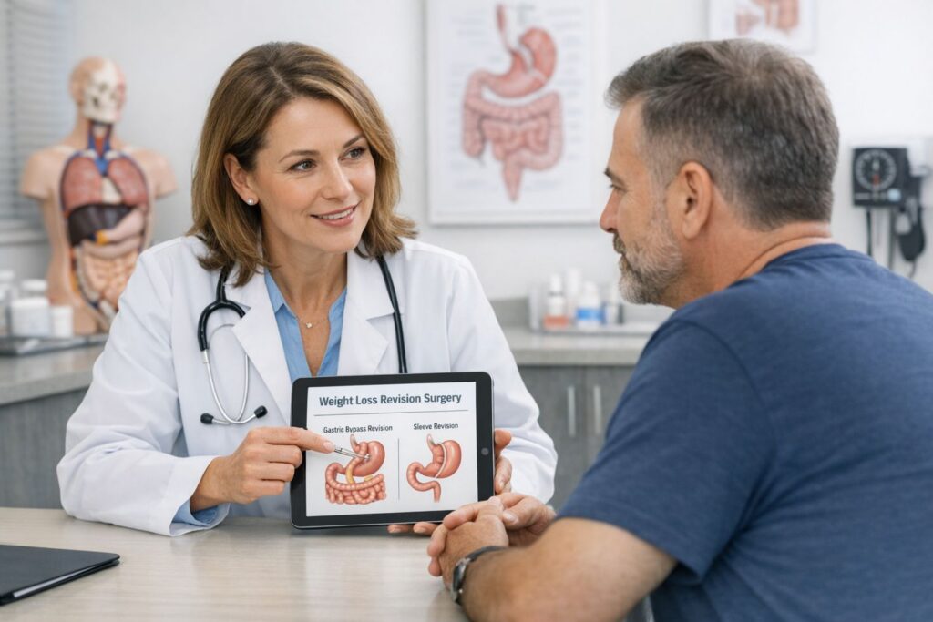 A photorealistic scene inside a modern, bright, and clean medical consultation room. A compassionate doctor in a white coat
