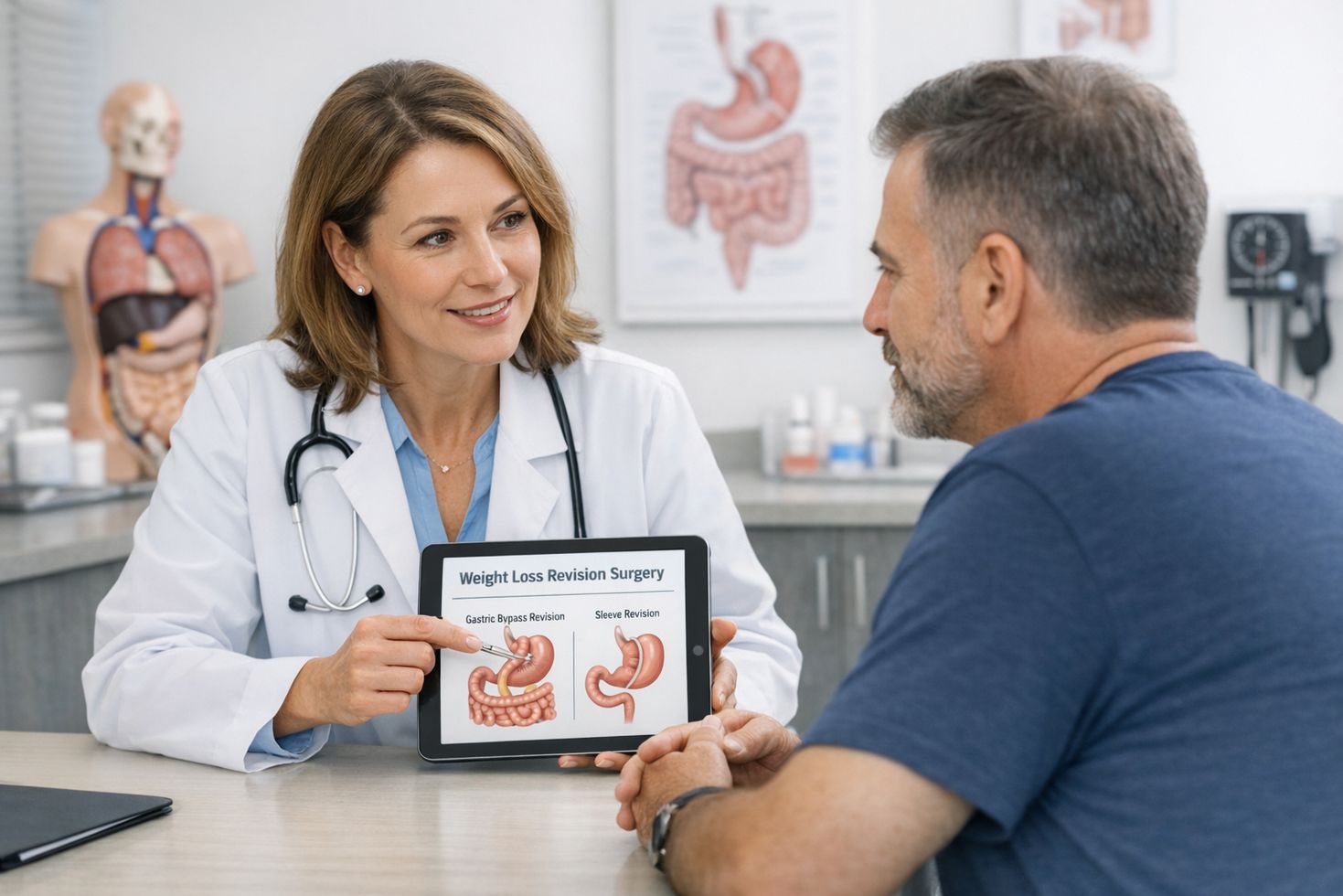 A photorealistic scene inside a modern, bright, and clean medical consultation room. A compassionate doctor in a white coat