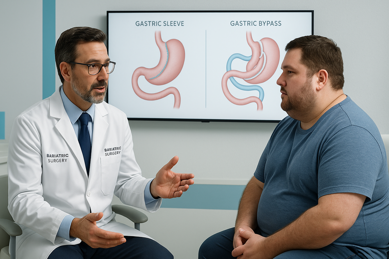 Bariatric surgeon explaining gastric sleeve and bypass surgery procedures to an adult patient at a bariatric surgery clinic near me, with modern clinical diagrams displayed in the background.