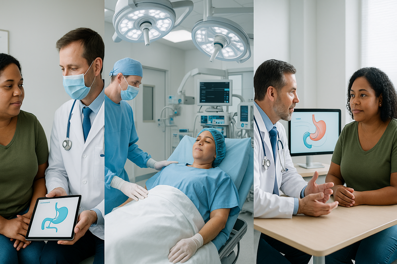 Sequential clinical scenes showing each step of the bariatric surgery process including consultation, operating room, and follow-up, reflecting expert care at a Southern California clinic.