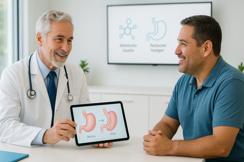 Physician and patient discussing weight loss progress on a tablet showing before and after gastric sleeve surgery with anatomical illustrations, highlighting key benefits in a clinical Southern California setting