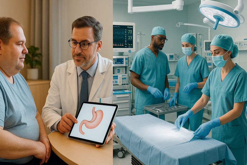 Split scene comparing a personalized bariatric surgery clinic consultation with a hospital surgical team, illustrating bariatric surgery clinic options.