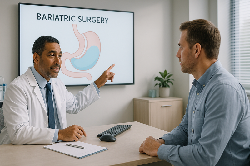 Physician explaining bariatric surgery to a patient in a Bakersfield clinic using a clear stomach diagram on a digital screen