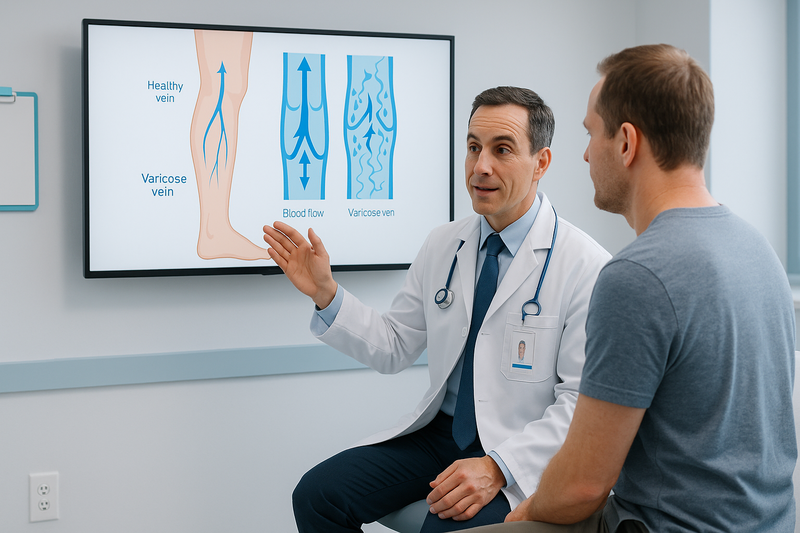 Physician explains causes of varicose veins to an adult patient using a digital leg vein diagram showing healthy flow and valve dysfunction.
