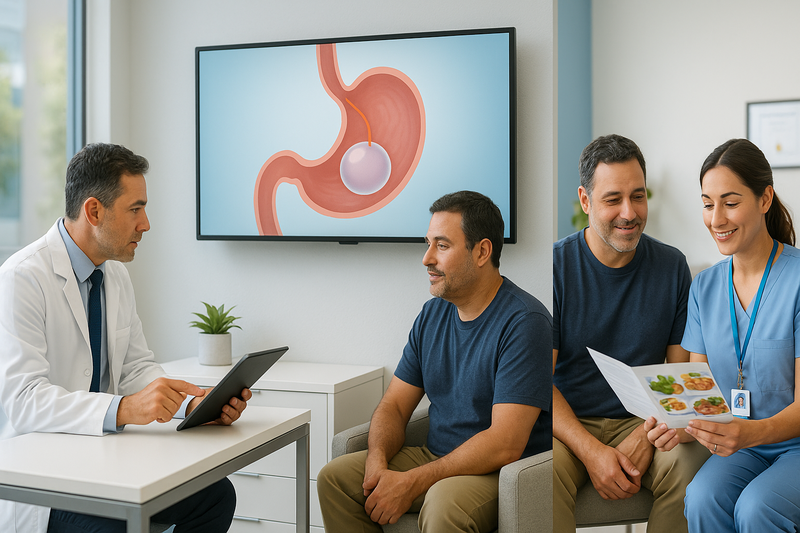 Step-by-step gastric balloon weight loss procedure illustrated with consultation, endoscopic balloon placement, and recovery discussion in a modern clinical setting.