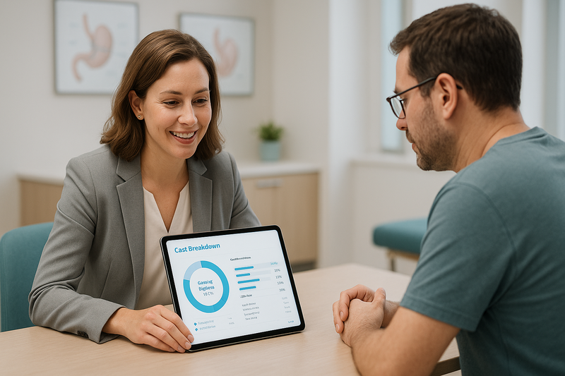 Patient and medical coordinator reviewing a gastric bypass surgery cost breakdown with charts in a modern clinic.