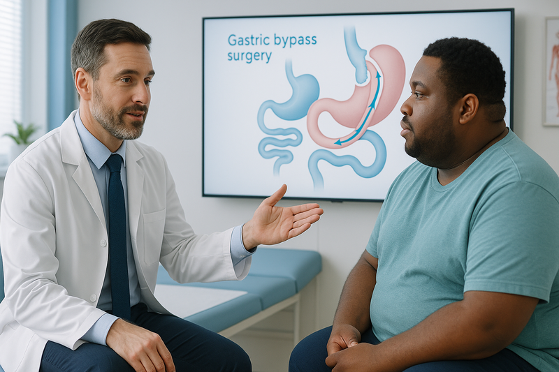 Bariatric surgeon consults an adult patient, explaining gastric bypass surgery using a medical diagram highlighted in blue at West Medical