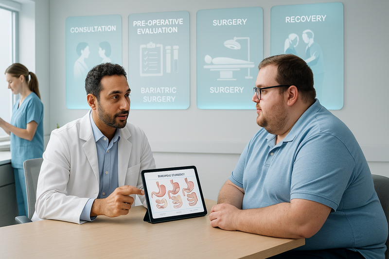 Bariatric surgeon consulting an adult patient and discussing step-by-step bariatric surgery Bakersfield process in a modern clinic