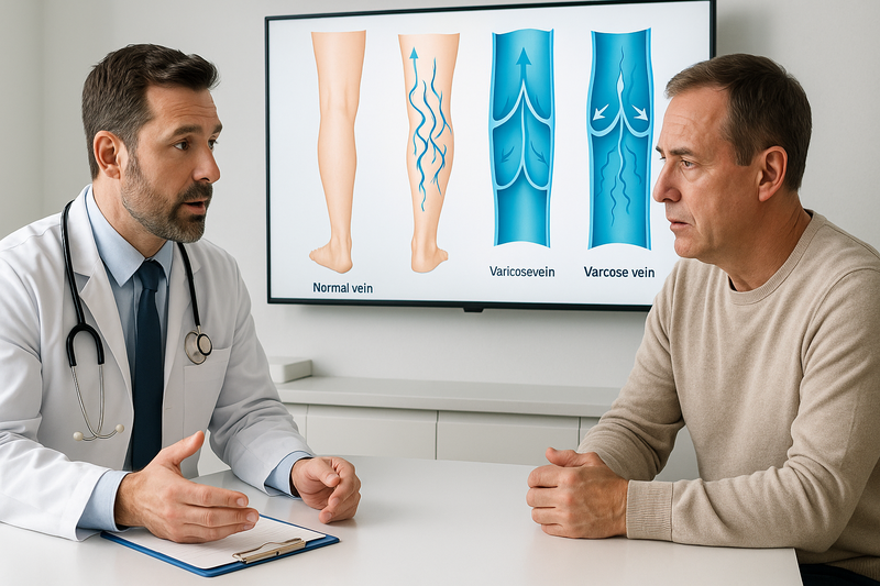 Physician and patient reviewing diagrams of the causes of varicose veins progression in a clinic consultation