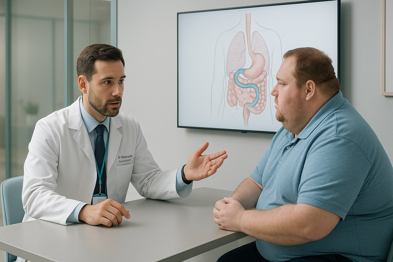 Licensed bariatric surgeon consulting with an adult patient in a modern bariatric surgery clinic, reviewing digital anatomy as part of the bariatric surgery clinic near me experience