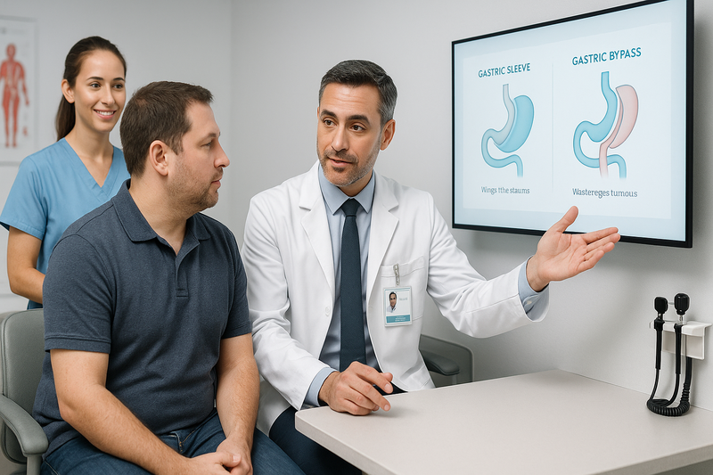 Consultation at a bariatric surgery clinic showing a licensed surgeon and patient reviewing surgical weight loss options together with digital visual aids.