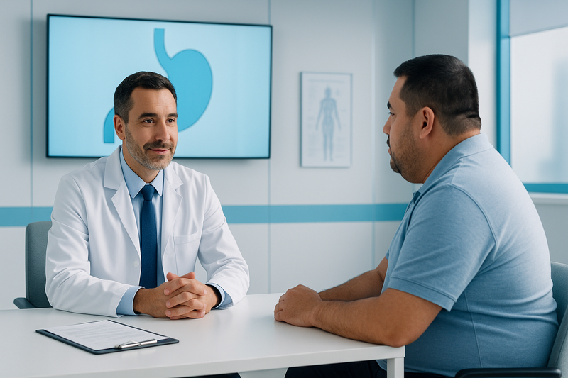 Bariatric surgeon in Los Angeles consulting with an adult patient, showing digital stomach diagrams to explain bariatric surgery concepts