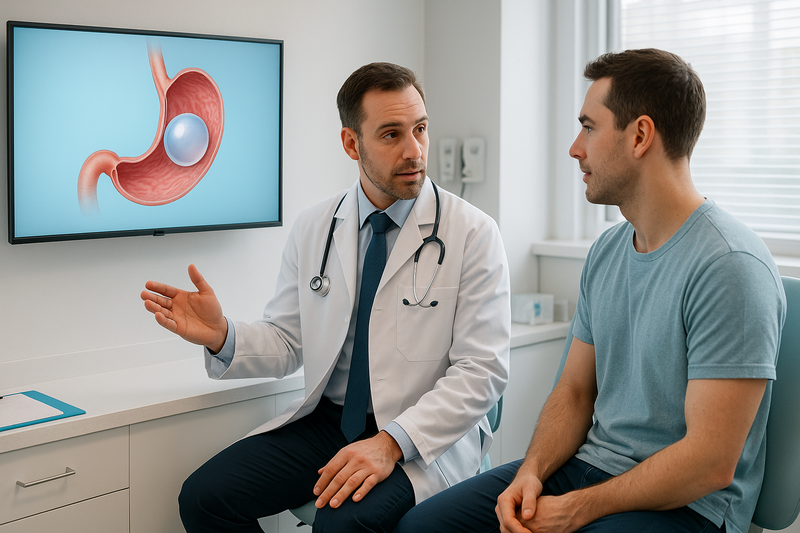 Physician explaining gastric balloon weight loss procedure with an anatomical stomach diagram in a modern exam room.
