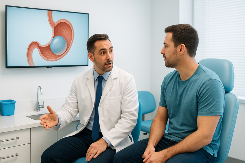 Physician explains gastric balloon weight loss results to patient using a clinical stomach diagram in a calming modern exam room