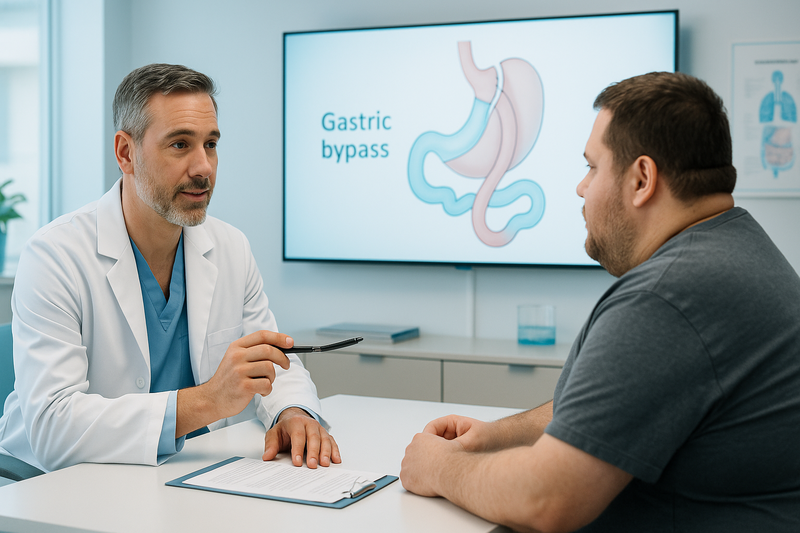 Bariatric surgeon consulting with patient about gastric bypass surgery Los Angeles, with an anatomical diagram of stomach pouch and intestinal rerouting shown on a screen
