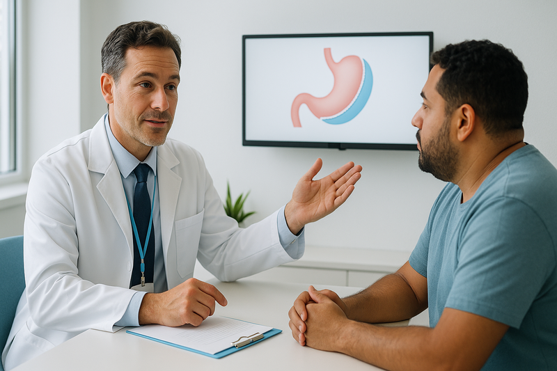 Bariatric surgeon explaining gastric sleeve surgery cost with an anatomical diagram to an adult patient in a modern consultation room