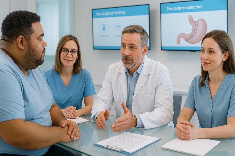 Bariatric surgery clinical guidelines in action: multidisciplinary team and patient consultation with digital testing and procedure planning screens in a contemporary clinic.