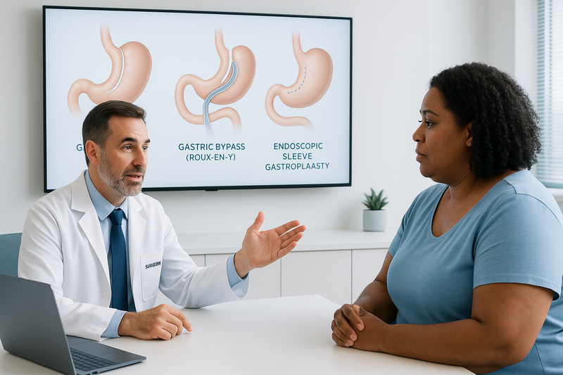 Bariatric surgeon consulting patient in modern exam room with clinical diagrams comparing gastric sleeve, gastric bypass, and endoscopic sleeve options, best bariatric surgeon Los Angeles context