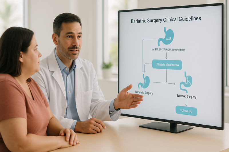 Bariatric surgeon consulting an adult patient about bariatric surgery clinical guidelines, showing a digital flowchart in a modern clinic