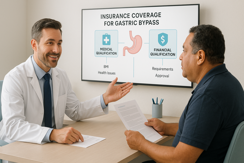 Consultation with bariatric surgeon explaining how to qualify for free gastric bypass and insurance coverage in a modern clinical setting