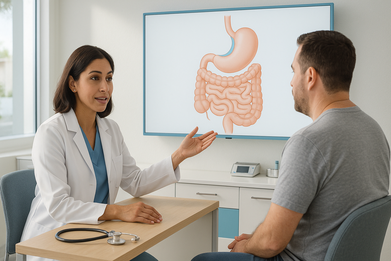 Physician discussing Medi-Cal weight loss services and bariatric surgery options with an adult patient in a modern clinic.