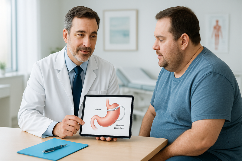 Bariatric surgeon consulting with adult patient about gastric band revision surgery options using a detailed stomach diagram on a tablet in a modern clinic.