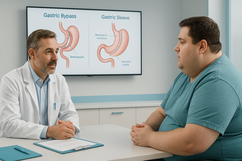 Bariatric surgeon and adult patient review gastric bypass surgery risks and gastric sleeve charts together in a modern West Medical office
