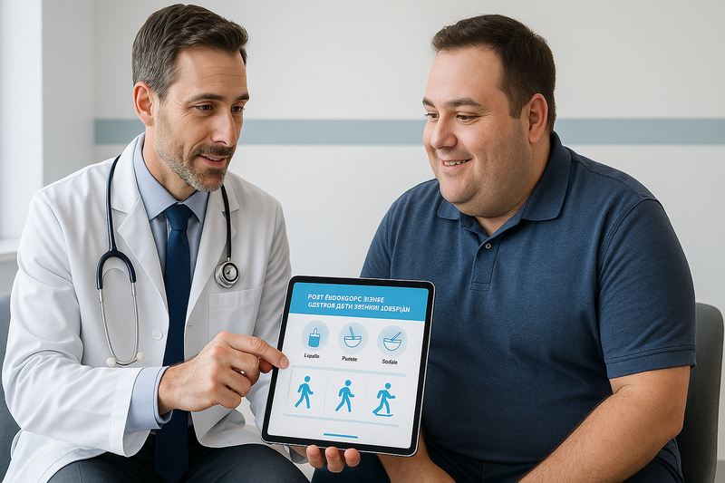 Physician and patient reviewing a post-endoscopic sleeve gastroplasty weight loss plan with infographics, highlighting endoscopic sleeve gastroplasty average weight loss goals.