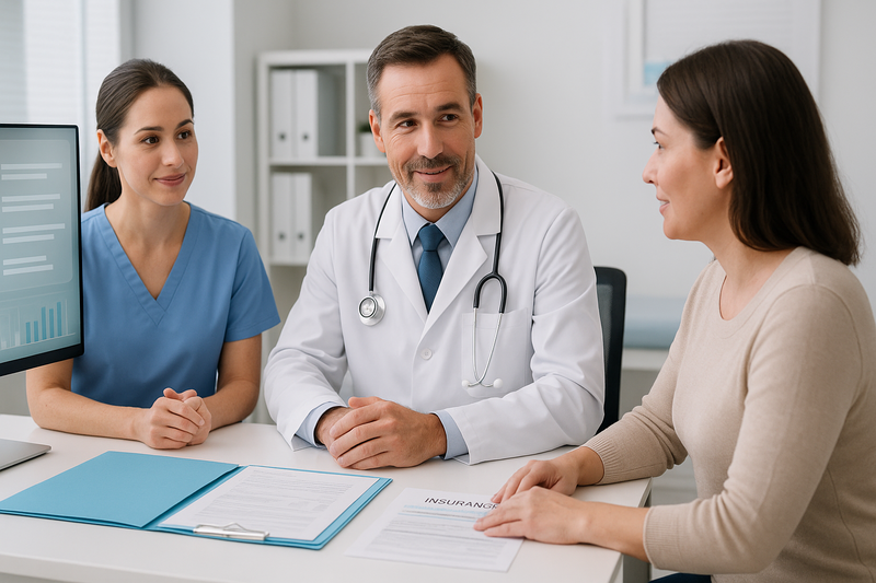 Physician and nurse consulting with a patient on Medi-Cal weight loss services steps in a modern clinic setting with checklists and clinical documents.