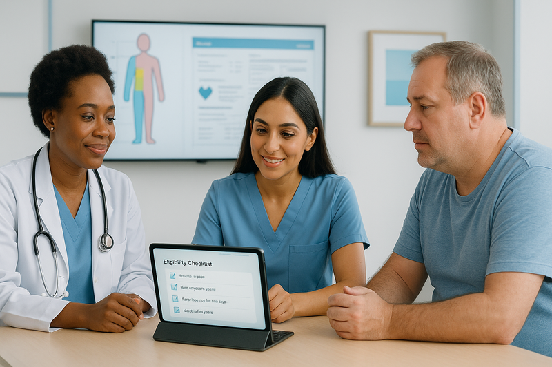 Bariatric care team in California clinic reviewing digital checklist with patient to explain how to qualify for free gastric bypass