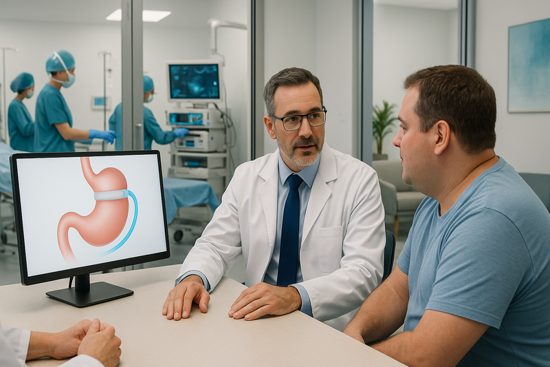 Gastric band revision surgery process illustrated: surgeon consults patient, modern laparoscopic setup, and comfortable recovery area—all in a bright, state-of-the-art clinic.