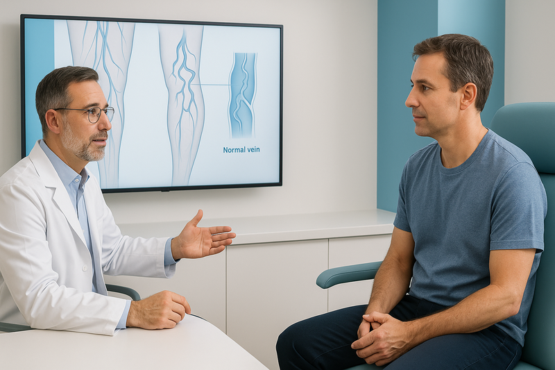 Licensed vein specialist consulting with a patient in a modern vein treatment clinic San Diego, with a medical leg vein diagram displayed on a digital screen.