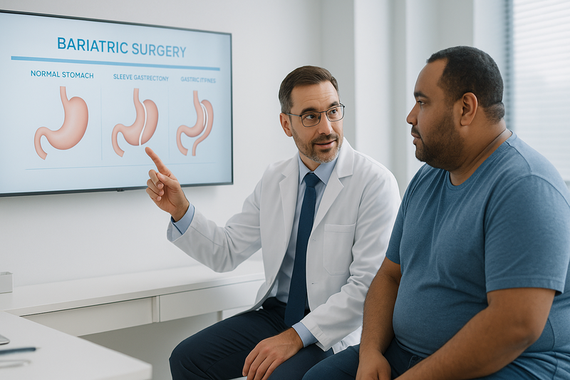 Consultation with a best bariatric surgeon Los Angeles specialist discussing surgery options using clear stomach anatomy diagrams