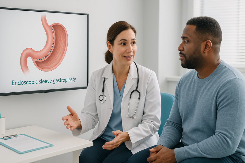 Physician explaining endoscopic sleeve gastroplasty average weight loss with ESG diagram to an adult patient in a modern clinic consultation room