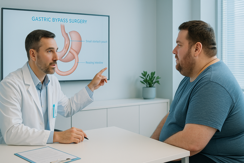 Bariatric surgeon explains gastric bypass surgery risks to an adult patient using a clear digital anatomical diagram.