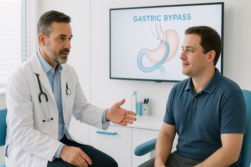 Bariatric surgeon explaining gastric bypass surgery Bakersfield CA with diagram of stomach pouch and rerouted intestine to patient in a modern exam room