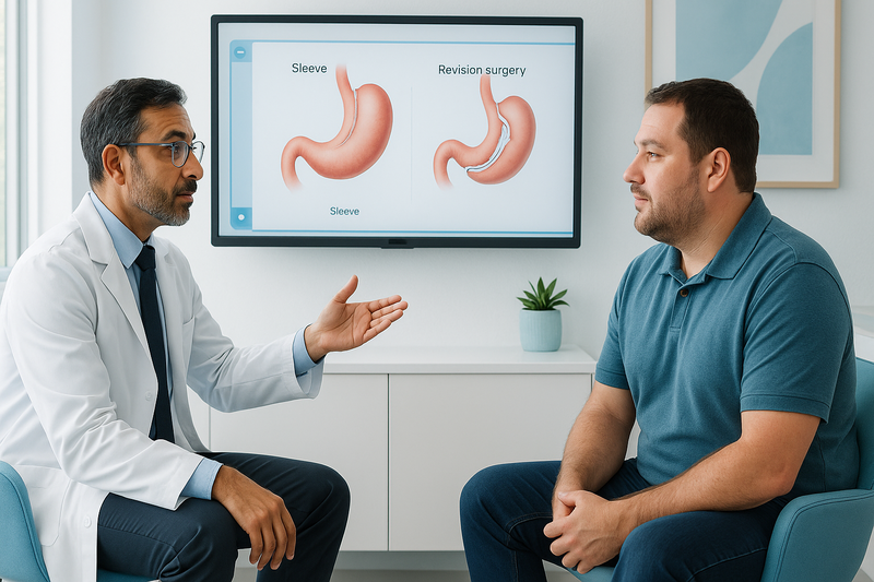 Bariatric surgeon explaining weight loss revision surgery after sleeve to an adult patient with an anatomical stomach diagram shown on a clinic monitor