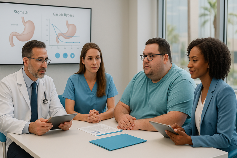 Bariatric care team in a modern Los Angeles clinic reviewing outcomes with an adult patient, focusing on where to get gastric bypass surgery.