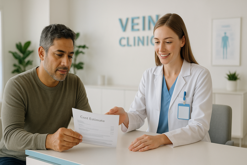 Patient discussing vein treatment appointment costs with a clinic coordinator in a modern Encino medical office