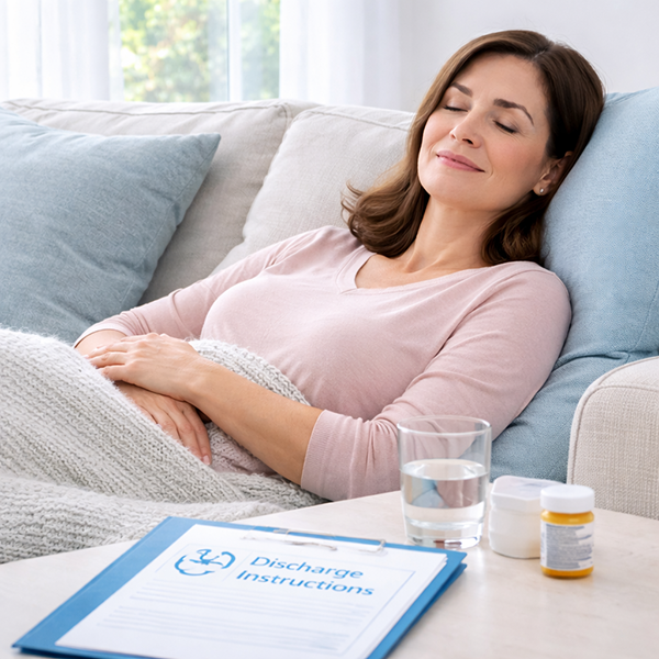 Patient resting comfortably at home after uterine artery embolization