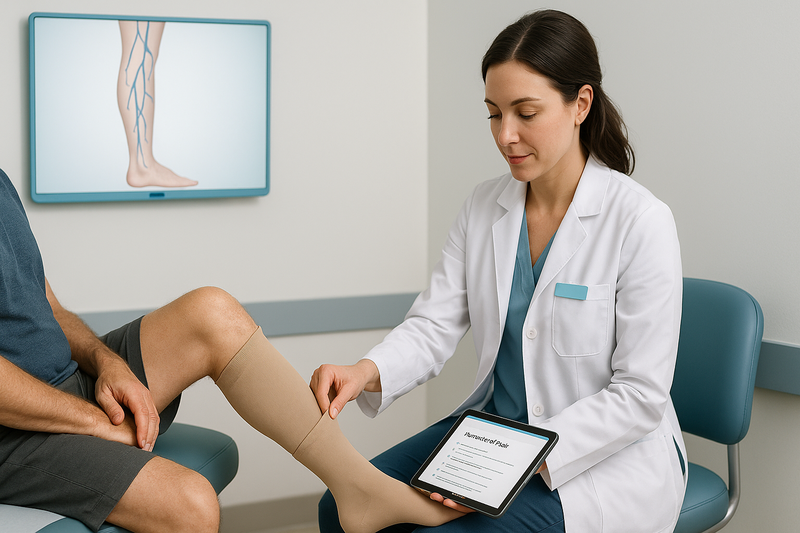 Clinician fitting compression stockings on an adult patient in a modern vein clinic, demonstrating compression therapy for varicose veins treatment